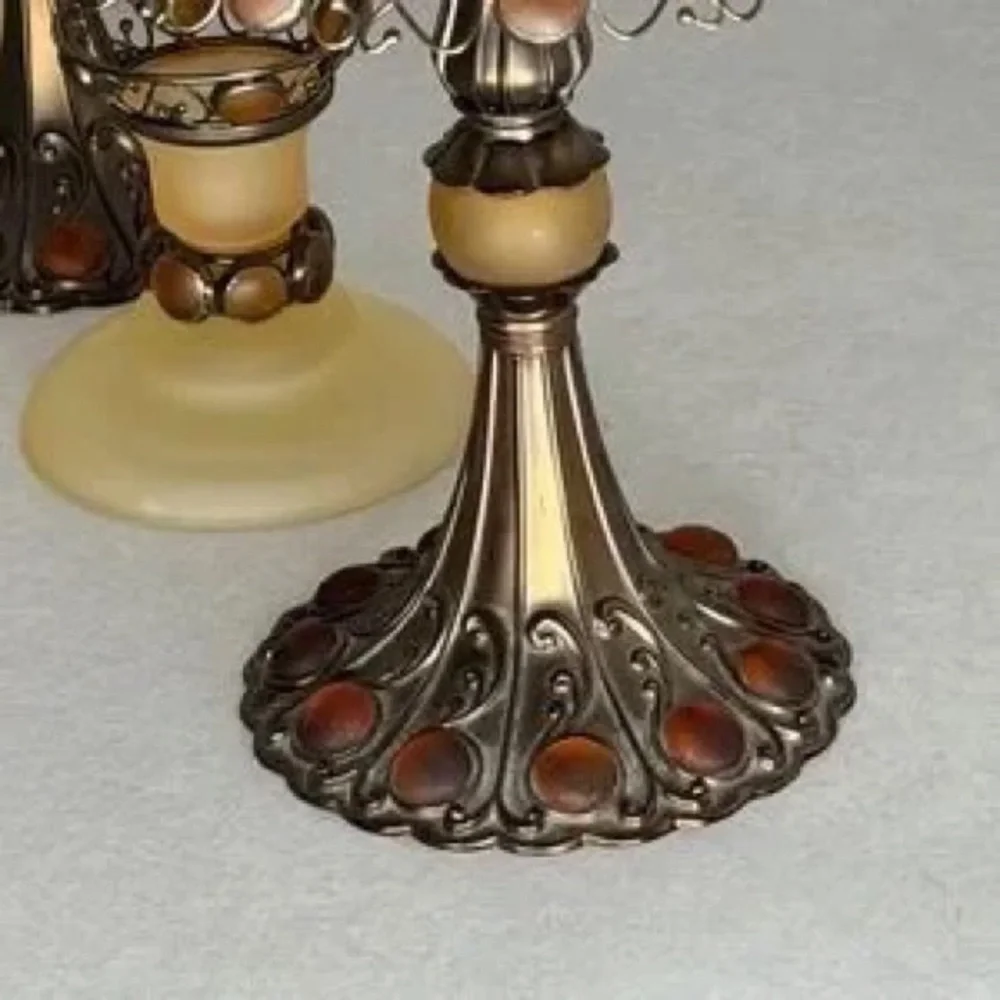 Classic Amber Glass and Bronze Table Lamp Set - Elegant Home Accents